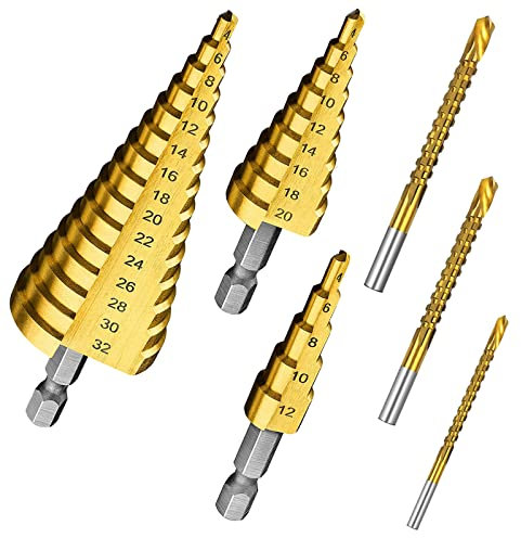 Adicase Stufenbohrer Set (6er-Pack), Kegelbohrer für Metall, Edelstahl, Kunststoff, Holz (4-12mm/4-20mm/4-32mm), Maschinengewindebohrer Set für Holz Kunststoff Dünnes Aluminium (3mm/6mm/8mm) – Gold