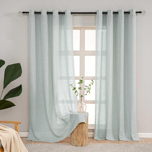 L.Z.E Vorhänge Schlafzimmer Modern Grün, HellGrün Gardinen Leinenoptik mit Ösen für Wohnzimmer Kinderzimmer, 2er Set Gardinen Schals Halbtransparent, Landhausstil 225 cm Lang, Hellgrün 190g/㎡