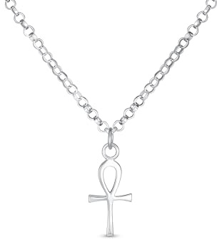Bling Jewelry - Collar colgante unisex tradicional egipcio con símbolos religiosos egipcios jeroglíficos de la llave de la talla cruz Ankh plata de ley 925 oxidada para mujeres y hombres