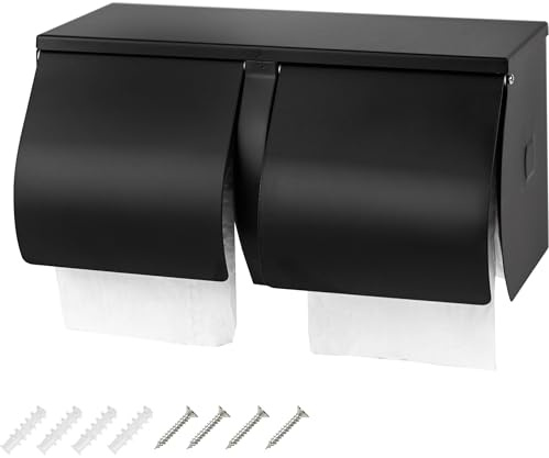 Desyeryamimi Double Roll Toilet Paper Holder Dispenser with Shelf Storage-Commercial 2-Roll Side by Side Stainless Steel Toilet Tissue Holder/Dispenser Wall Mount for Bathroom/Restroom(Black