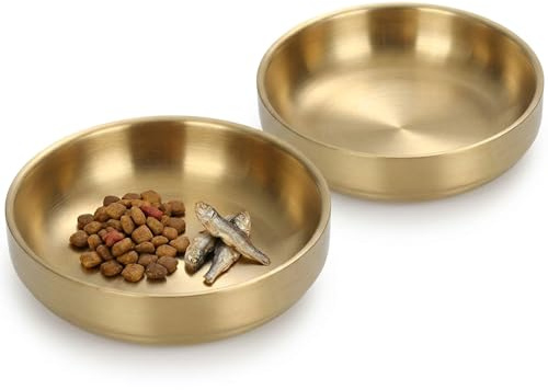 2 Stück Edelstahl Katzennapf Flach für Trockenfutter und Nassfutter (Gold) | Schnurrhaar Freundliche 304 Metallschale, Breites Fressnapf Design Schützt vor Ermüdung bei der Nahrungsaufnahme