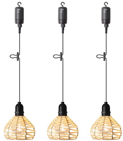 KSIBNW 3x Hängelampe Außen Hängeleuchte mit Batterie, Innen Batteriebetriebene Lampe Fernbedienung Rattan Boho Tragbare Pendelleuchte Wasserdicht Outdoor Beleuchtung Timer Dimmbar Höhenverstellbar