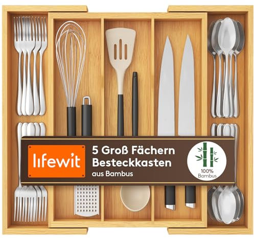 Lifewit Besteckkasten für Schubladen, erweiterbarer großer Besteckkasten für die Küche, verstellbarer Besteckeinsatz für Schubladen, Bambus Küchenzubehör, Trenneinsatz, groß, Naturfarbe