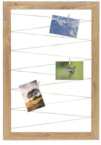 CLAMARO Neo Collage Bilderrahmen, 40x60 cm, Eiche Vintage Silber | 20 Holzklammern, Jutekordel, MDF-Rahmen 38 mm breit, Metall-Wandhalterung, ideal als Fotocollage oder Galeriewand