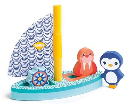 LUDI - Badeschiff - Segelboot aus Schaumstoff - 4-teilig flexibel - für Bad, Meer oder Pool - ab 10 Monaten - REGT die Fantasie an - weiches Material, weich, widerstandsfähig, 1 Morse und 1 Pinguin