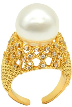 HETICA Perlenring für Damen, goldfarben, Vintage-Stil, Zirkonia, Perlenring, verstellbar, offener Perlenring, Schmuck, Geschenke für Frauen, Alltag, Kupfer, Perle, Kupfer, Perle