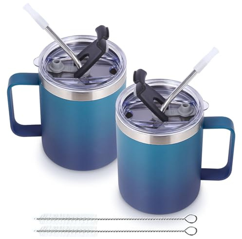 Volhoply 350 ml isolerad läckförsäkrad kaffemugg med glidande lock och sugerör, 2-pack, dubbelväggig vakuum i rostfritt stål, resemugg med handtag, campingmugg håller kallt/varmt (Mörknatt, 2)