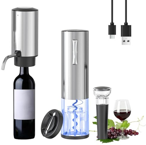 Cuteefun Tire Bouchon Electrique, Ouvre Bouteille Rechargeable 5 en 1, avec Distributeur de Vin éLectrique et Carafe, Coupe-Écume, Pompe à Vide, Tire-Bouchon pour la Maison, Les Bars, Cadeau