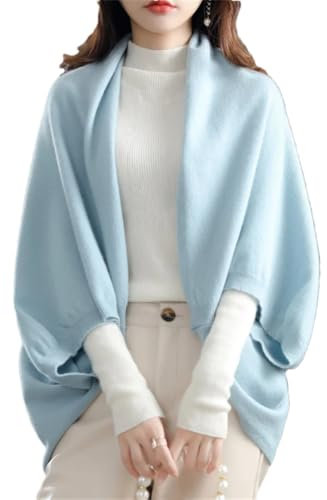 Damen-Schal mit Fledermausärmeln aus Kaschmir, lockerer Strick, lässiger Stil, Wollschal, hellblau, Einheitsgröße