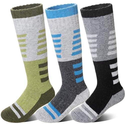 Velice Kids Merino Wool Ski Socks 3 Pairs Boys Girls Thermal Thick Warm Winter Cozy Boot Socks for Skiing Snowboarding(Grey/Black/Green, 8-12 Years)
