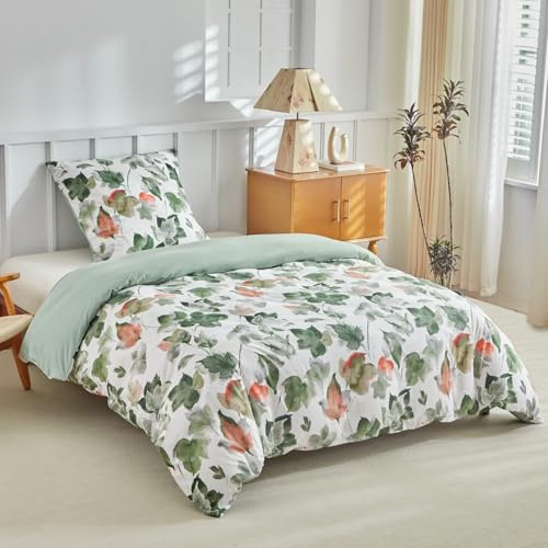 Lekesky Bettwäsche 135x200 2teilig + 1 Kissen 80x80, Grün Ahornblatt | 1 Bettbezug 135x200, 1 Kissenbezüge 80x80 mit Reißverschluss, Bedding mit Reißverschluss, Mikrofaser Maschinenwaschbar
