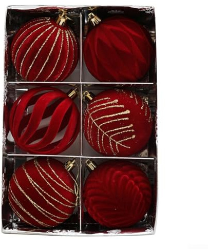 Hasaller 6 Weihnachtskugeln aus weinrotem Samt, 6 Stück, weiß, rot und grün, beflockt, Christbaumkugeln, Weihnachtsschmuck (rot)