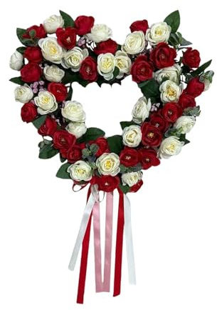 LOVIVER Valentine's Day Heart Wreath Heart Shape Door Wreath Artificial Flower Wreath with Tassels Front Door Hanging Wreath for Wedding Proposal Valentine's Day Gift, red