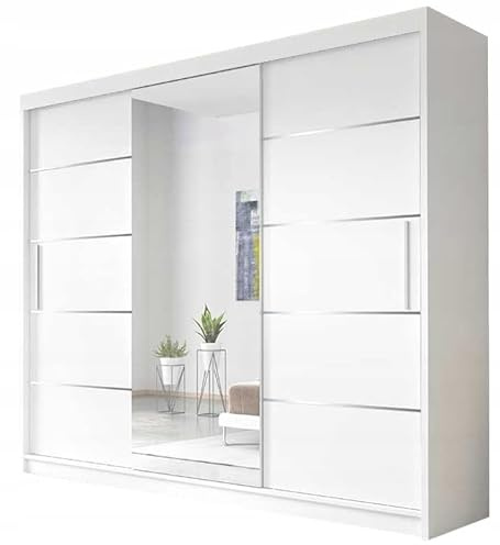 Easy4You Astra Weiß Schiebetürenschrank Kleiderschrank 233x218x61 cm mit Spiegel - Schlafzimmermöbel, Aufbewahrung – Mehrzweckschrank mit 2 Kleiderstangen