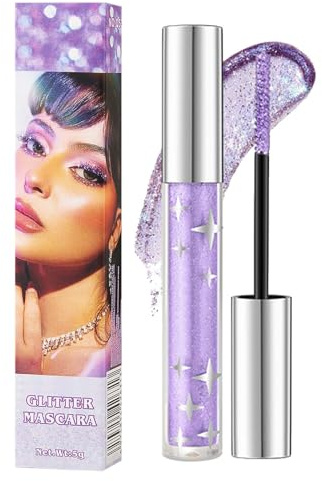 Glitter Mascara, Lila Schimmer Glitter Mascara, Diamond Wimperntusche, Glitzer Wasserfeste Wimperntusche, zur Verlängerung & Volumen,für Party, Musikfestival, Funkelnde Augen Make-up(#03 Lila)