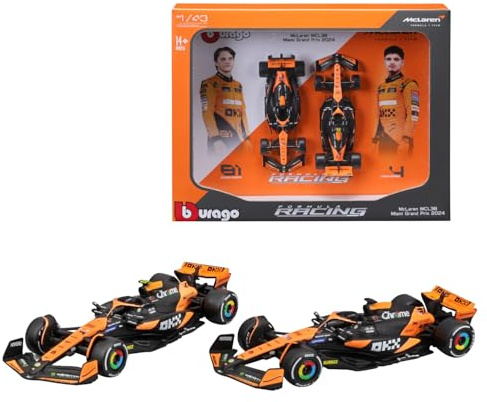 McLAREN SET F1 2X MCL38 TEAM MCLAREN N 4 WINNER MIAMI GP 2024 FIRST F1 VICTORY LANDO NORRIS + N 81 OSCAR PIASTRI ORANGE BLACK