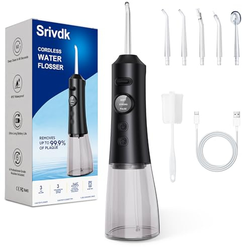 Water Dental Flosser for Teeth – 300ML Cordless Oral Irrigator with 6 Replaceable Jet Tips, 3 Modes, Portable Rechargeable Electric Flosser for Braces & Sensitive Gums, IPX7 Waterproof for Home&Travel