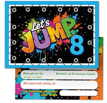 Junaversum 12 Einladungskarten zum 8. Kindergeburtstag Jump Party Mädchen Jungen Kinder coole bunte Einladungen achte Geburtstag Geburtstagseinladungen Kids