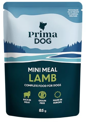 PrimaDog – Mini Meal våtfoder för hundar, helfoder, smak lamm i sås, 24-pack med 85 g vardera