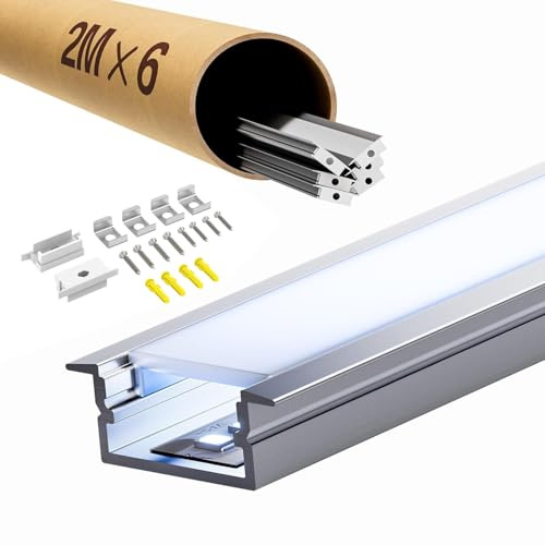 ClarivantiLED LED Profil Schiene 2m aus eloxiertem Aluminium, Aluminium Profil passend für 15mm Streifen, mit opalem Diffusor (SP23, 6 Stück (12 m))