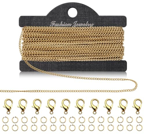 5m Cadenas Hacer Joyas, Acero Inoxidable Cadena Oro, Kit Cadena Eslabones con 10 Cierres de Langosta y 20 Anillos de Salto para Accesorios DIY Hacer Joyas