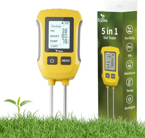 TRJZWA 5 in 1 Misuratore di PH del Terreno, Igrometro per Piante per Fertilità/PH/umidità/Temperatura/Intensità della Luce Solare con Display LCD Retroilluminato per Giardini, Prati e Fattorie
