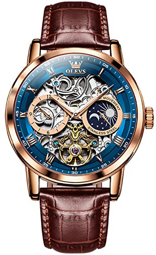 OLEVS Skeleton Montre mécanique Automatique pour Homme, en Cuir de Luxe étanche et Lumineuse, 6670 Cuir Marron/Bleu/Or Rose, lanière