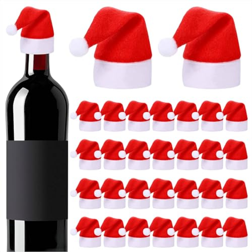 Qzakce Mini Weihnachtsmütze 30 Stück Mini Xmas Hüte Rot Kleine Weihnachtsmann Mütze Besteckhalter Hüte für Besteck Flasche Lollipop Puppe Weihnachtsbaum DIY Party Tischdekoration