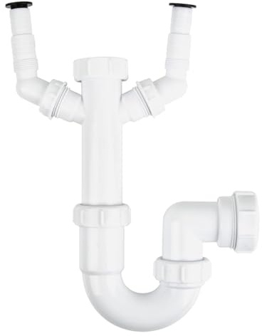 Washing Machine Waste Trap 40mm (1.1/2) Sink Trap Adjustable Twin Nozzle Swivel P Trap Kitchen Sink Waste Trap 1.5 Inlet Trap for Washing Machine Waste Pipe Connector Extension Dishwasher Sink Waste