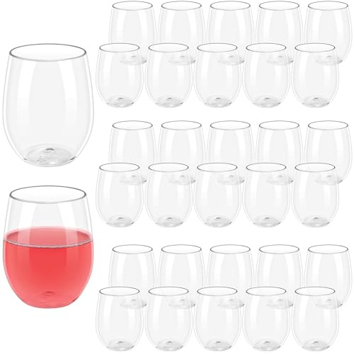 XJGQZ 32 Pack Unbreakable Stemless Wine Glasses, 12 Oz Plastic Clear Drinking Glasses, Reusable Plastic Wine Cups for Wedding Birthday Party, Shatterproof and BPA-Free