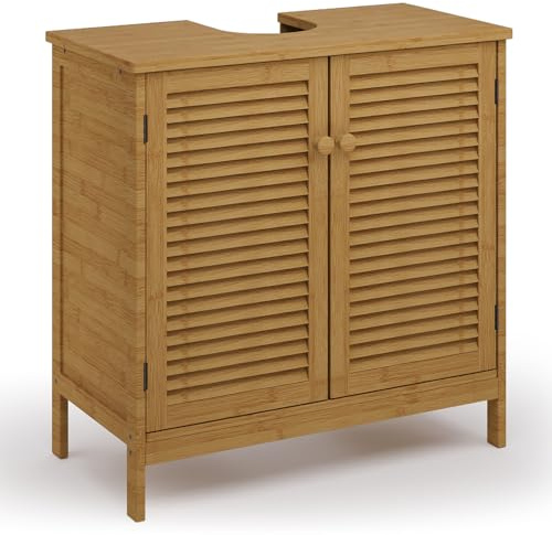 Xbro Meuble sous Lavabo Salle de Bain en Bambou, Meuble sous-Vasque avec 2 Portes à Lattes, étagère réglable, 60 x 30 x 60 cm, Naturel