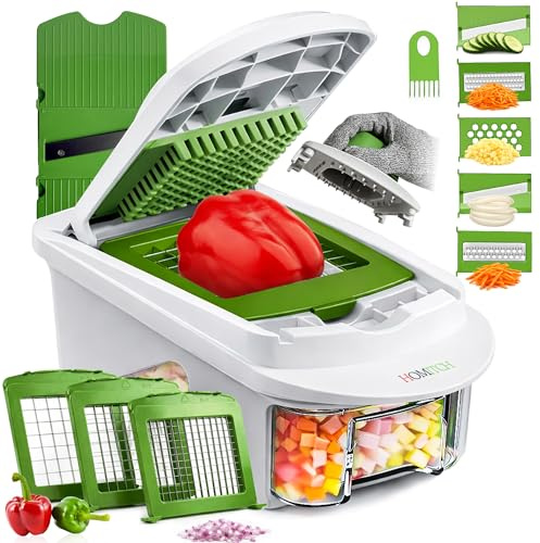 HOMITCH Vegetable Chopper,8 in 1 Veg Chopper and Dicer,Stainless Steel Blades,Onion Dicer,Julienne Cutter,Vegetable Slicer, Cheese Grater,Safety Glove,Multifunctional Vegetable Cutter-1.2L Container
