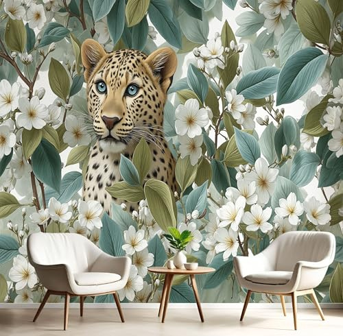 Carta da Parati Fotografica Murale 250x175cm Fiore di leopardo Del Stile sognante ad acquerello Carta da Parati Effetto 3d Decorazione Murale Poster da Parete per Camera da Letto per Ragazzi, verde