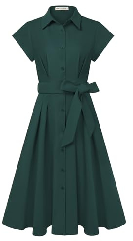 GRACE KARIN Damen Sommer Kurzarm Kleid Knöpfen Midi Blusenkleid mit Taschen | Reverskragen, Taillengürtel, elegante A-Linie – perfekte Blusenkleid-Silhouette. Ideal für Freizeit, Büro, Hochzeit