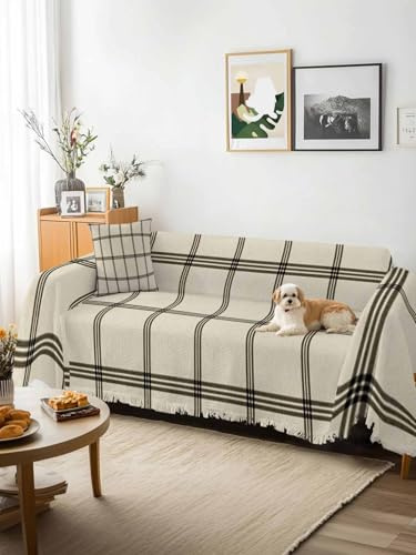 Linen Buffalo Check Sofa Cover Blanket Couch Covers for Armchair Cushion,Couch Sofa Silpcover with Tassel,Retro Black Lines Grid Pattern Living Room Bedroom Throw Towel Blanket Covers XX-L 71x150