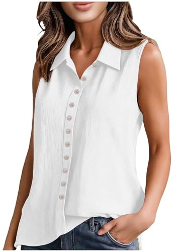 Womens Sleeveless Button Down Shirt Basic Plain Tank Tops for Women UK Collared Gauze Shirts Loose Fit Summer Breathable Button Up Vest Top Comfy Elegant Tank Shirts Casual Office Work Blouses Vests