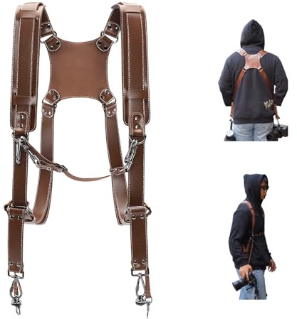 TAZZOR Kameragurt, Kameragurt Leder, Kamera-Zubehör Dual Harness für Zwei Kameras, Verstellbarer Doppelter Schultergurt, Doppel-Kamera-Gurt für Fotografen（Leder ）