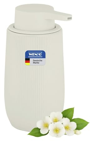 WENKO Seifenspender Mod. Fablo aus Keramik mit Rillenoptik, freistehend, 400 ml, Pumpspender für Bad, Gäste-WC oder Küche, geeignet für Flüssigseife und Spülmittel, Creme matt