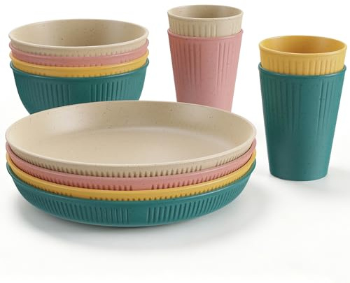 Anbte Set di stoviglie da 12 pezzi, infrangibili, in plastica, per 4 persone, set di stoviglie da campeggio, 4 colori, leggere, ideali per picnic, campeggio, giardino, riutilizzabili (giallo colorato)