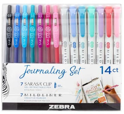 Zebra Pen MILDLINER Dual Tip Highlighter Journaling Set, Gel Pens & Pastel Highlighters Multipack, Broad & Fine Tip Markers & Highlighters, Double Ended Pens, Assorted Colours, 14pc