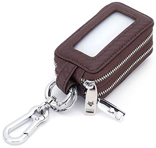 Aileder Autoschlüsseletui echtes Leder Autoschlüssel-Geldbörse Schlüsselanhänger Halter mit Metallhaken und Fenster, Doppelreißverschlusstasche für Autofobs und Hausschlüssel