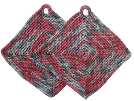 Topflappen dick gehäkelt ca. 19 x 19 cm quadratisch in grau/rot/Bordeaux mit Aufhänger