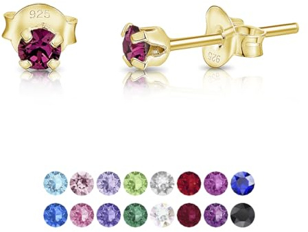 Pendientes de Botón Plata Ley 925 Chapados Oro 24K on Cristales Brillantes Amatista - Pendientes Pequeños Oro para Mujer - Punto de Luz Hipoalergénicos - Diámetro 3 mm