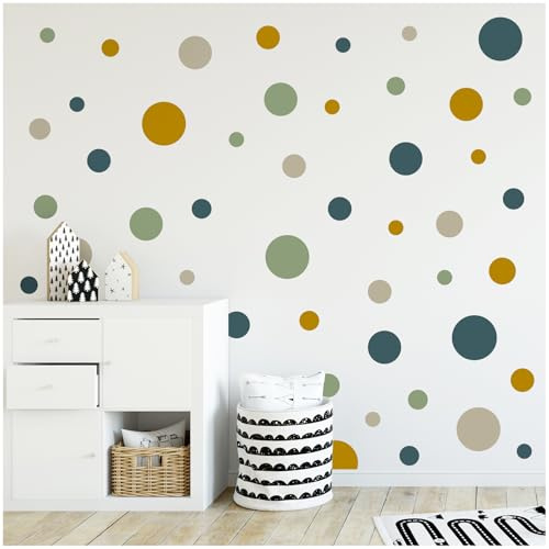 yabaduu 100 Klebepunkte Kreise Punkte Wandtattoo Kinderzimmer Schlafzimmer Babyzimmer Aufkleber Folie Deko Selbstklebend für Junge Mädchen Pastell (Y035-3 Blau-Grün-Senf-Beige)