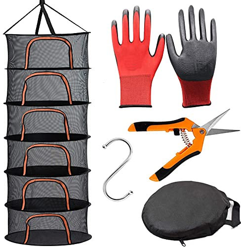 Tendedero para secar hierbas, 6 capas de color negro con cremallera verde en forma de U, con tijeras de jardín, rejilla de secado de plantas para secar plantas, hierbas