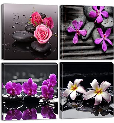 Piy Painting 4 Piezas Cuadro Lienzo Moderno, Orquídea y Guijarros Pinturas Murales Decoración, Flores Imágenes Arte de Pared Listo para Colgar Cuadros Sobre el Lienzo con Baño Dormitorio 30x30cm