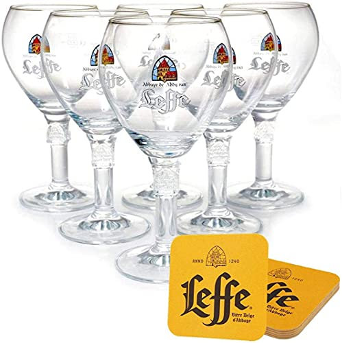 Leffe - Bicchieri da birra 0,25 l, set da 6 pezzi, con 6 sottobicchieri originali (coperchio per birra), bicchieri originali Leffe, 0,25 l, per gastronomia e collezione, 25 cl, lavabili in