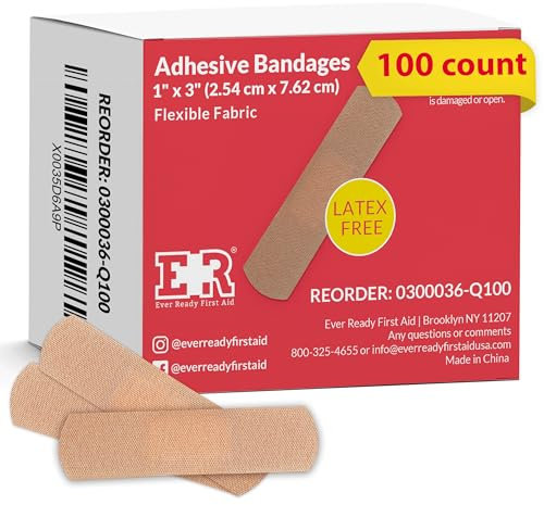 Ever Ready First Aid 1” x 3” Fabric Adhesive Bandages, Latex-Free Stretchy Strips – 100 Count