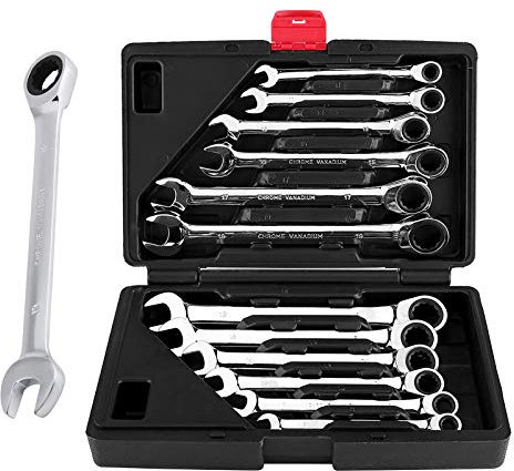 Jeu de 12 clés à cliquet, Jeu de clés Mixtes Jeu de clés à Fourche Jeu de clés à Anneau Jeu de clés Mixtes avec boîte à Outils 8-19 mm en Acier CRV pour Ensemble d'outils de réparation de Voiture