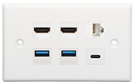 6 Port Wandplattensteckdose, 2xHDMI/2xUSB 3.0/CAT6 Ethernet/Typ C Frontplattensteckdose, Wandfrontplattensteckdose für Projektor, Fernseher, Computer